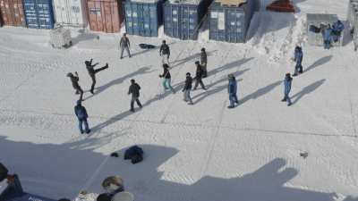 Leisure day at the station: Volleyball match with a -30°C temperature