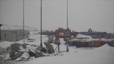 Mario Zucchelli Antarctic station during a late spring snow storm