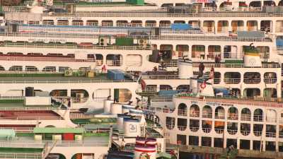 Great two floors passengers boats in Sadarghat harbour