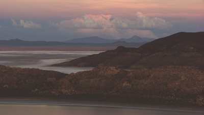 Pink sunset on the Salar and Incahuasi hills