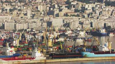 Arrival over Algiers city from the sea