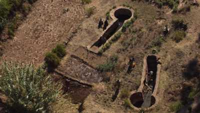 Farmers, crops and irrigation in fields, Tigray