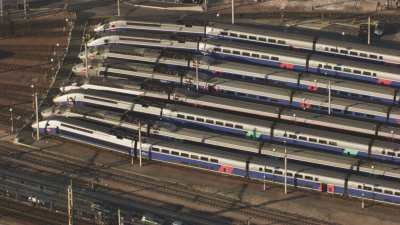 Flight over the Gare de Lyon, TGV trains waiting in the station