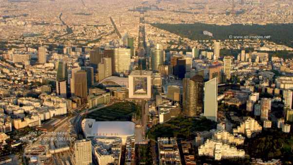 Aerial footage The Triumphal Way from Paris La Defense up to Paris center