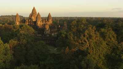 Approach and zoom on Angkor Vat temples