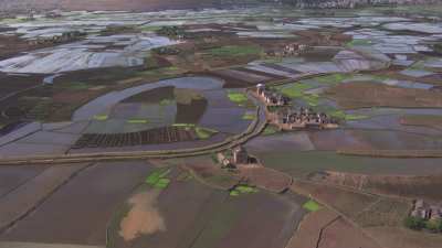 Cultivated fields landscape, villages