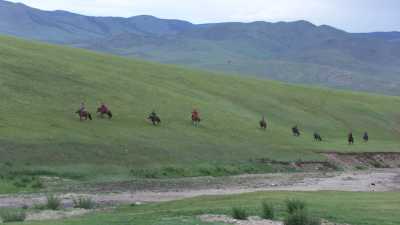 Group of young riders in the steppe