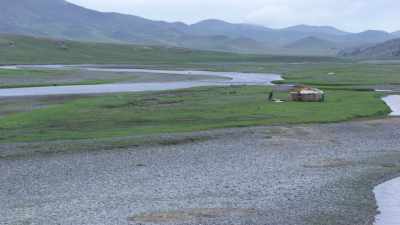 Mounting of a Mongolian yurt in the steppe