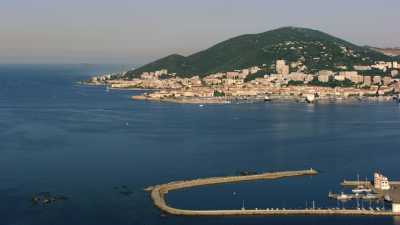 Ajaccio bay seen from the sea, close shots on the city