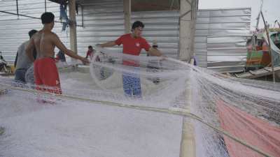 Déchargement de poisson sur la côte nord de Java